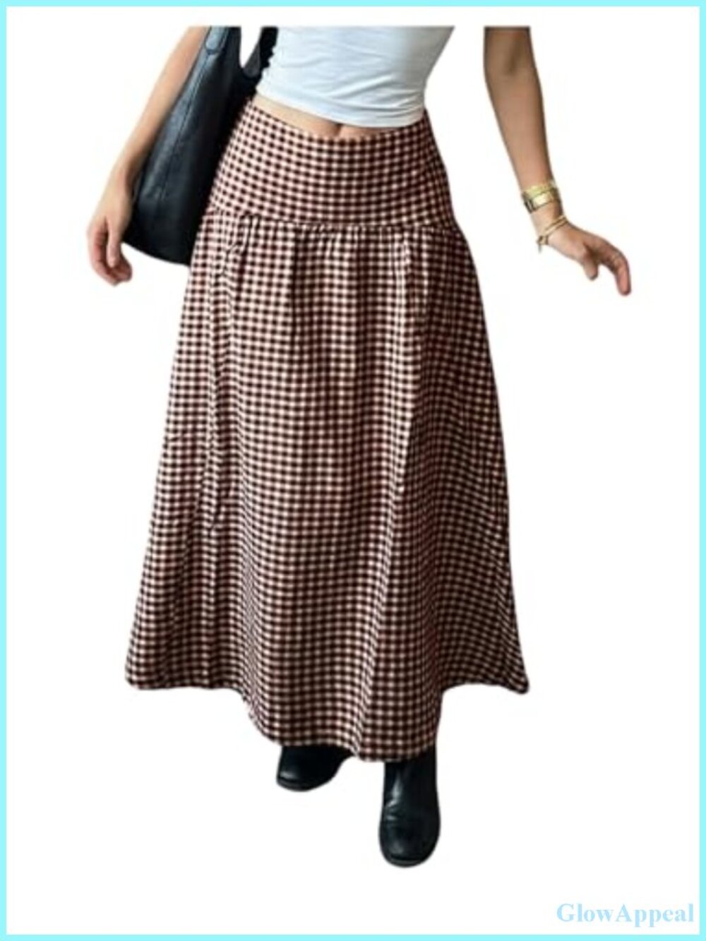 Women's Gingham Plaid Maxi Skirt Drop Waist High Waisted Flared Hem